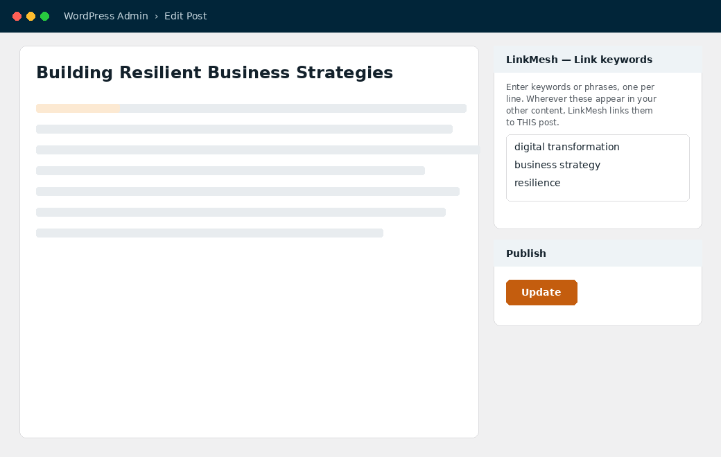LinkMesh keyword box in the WordPress editor