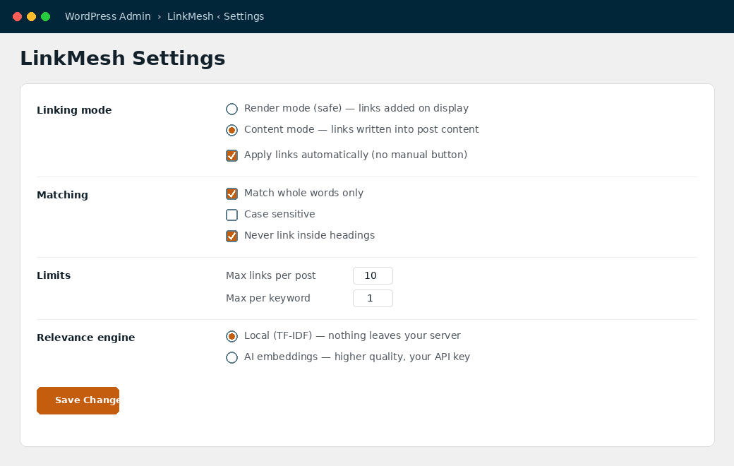 LinkMesh settings screen with linking mode, automatic apply, and matching options